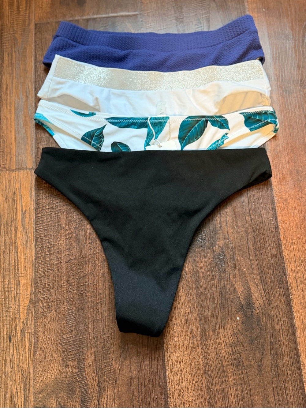 Set of 4 Bikini Bottoms - Black, White, Teal Leaf, Purple